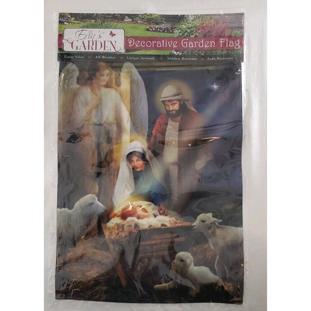 Erin's Garden Decorated  Winter Garden Flag  Jesus In The Baby Manger 12 x 18"..